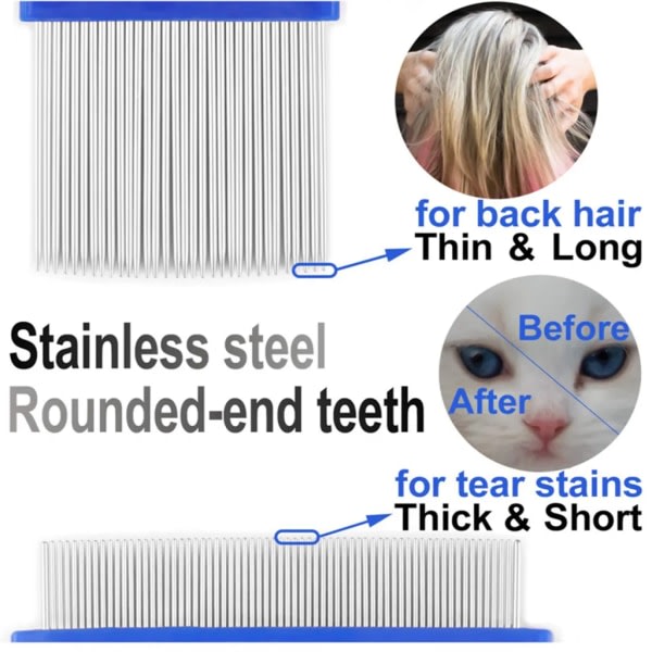 Set med 6 kattkammar hundkammar loppkammar rostfritt stål nål med smala tänder katt- och hundkammar husdjursloppkammar blå