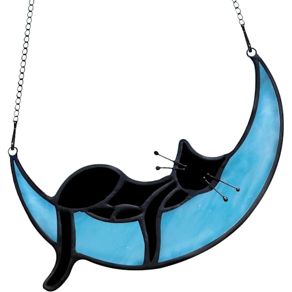 Målat glas katt på månen gåvor, sovande katt solfångare dekoration, handgjorda svart katt målat glas fönsterhängande, kattgåvor för kattälskare Black