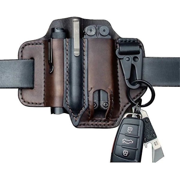 Bältesmultiverktygsfodral Läder EDC Verktygsficka för Män Fodral med Pennhållare Nyckelring Ficklampa EDC Läderficka Brun 1st
