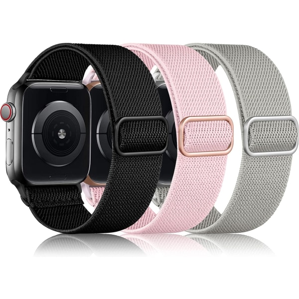3-pack Stretch Solo Loop Band yhteensopiva Apple Watch Black/Pink Sand/Gray kanssa 38mm/40mm/41mm Black/Pink Sand/Gray