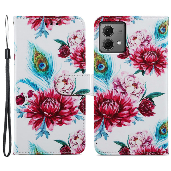 Til Motorola Moto G84 5g telefontaske Lædermønster Print Stand Cover med håndledsrem Peacock Flower