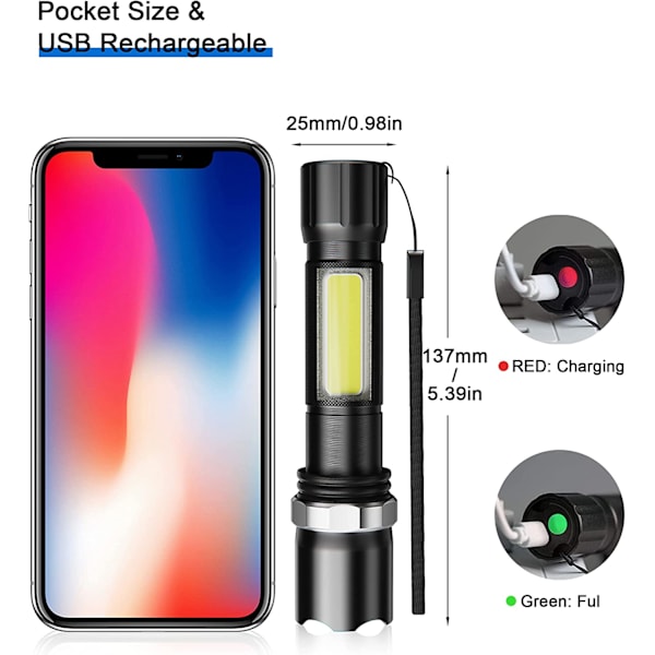 LED lommelygte, lommelygte LED genopladelig 600 LM, 3 tilstande USB opladning mini lommelygte vandtæt IPX5