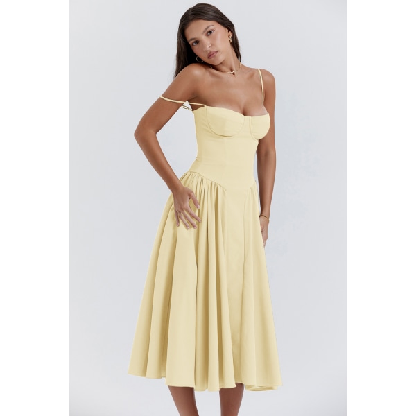 Ny fransk vintage långklänning Palace Style Strap Dress Girl ljusgul M
