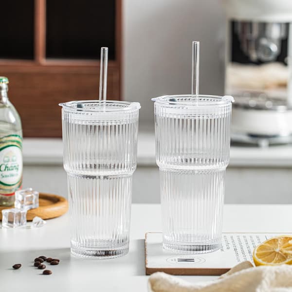 2-pack 600 ml räfflade glasmuggar med lock och sugrör i glas, kaffekopp