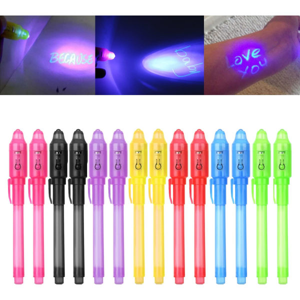 14 hemliga pennor med UV-ljus, osynlig skrift, Spy Invisible UV Pens detektiv födelsedagsfest tillbehör Festväskor Filler för pojke Kid Flicka Barn