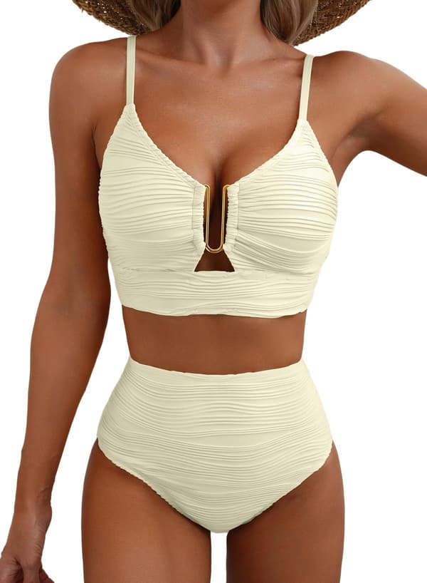 Bikini för kvinnor med V-ringning och utskärningar, högmidjad texturerad plisserad baddräkt S Beige