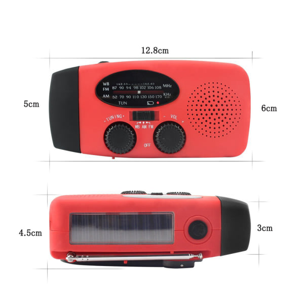Krankradio med solceller / lommelygte - 2000mAh Powerbank - Rød