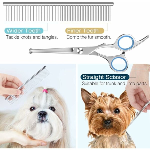 Hundesaks i rustfritt stål med titanbelegg, 5-delt sett med tynnende/rette/buede sakser og kam, blå