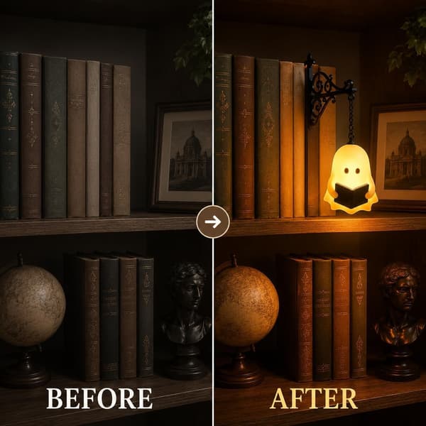 Bibliotekslantern Dekorativ Bogreolbelysning med Varm LED Natlampe Ghost