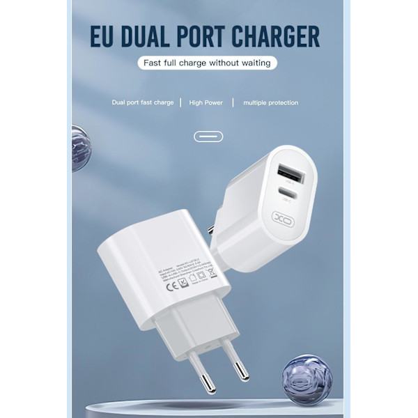 Dubbel USB-C Snabbladdare för Samsung, iPhone med USB-C Kabel White White