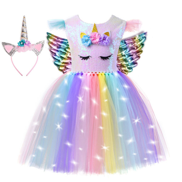 Yksisarvinen mekko tytöille, yksisarvinen puvut LED-valaistu TuTu-mekko, jossa päänauha, valkoinen B
