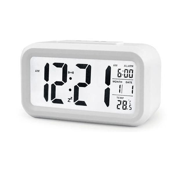 Digital väckarklocka med LED-display, temperatursensor, automatisk dimning, vit