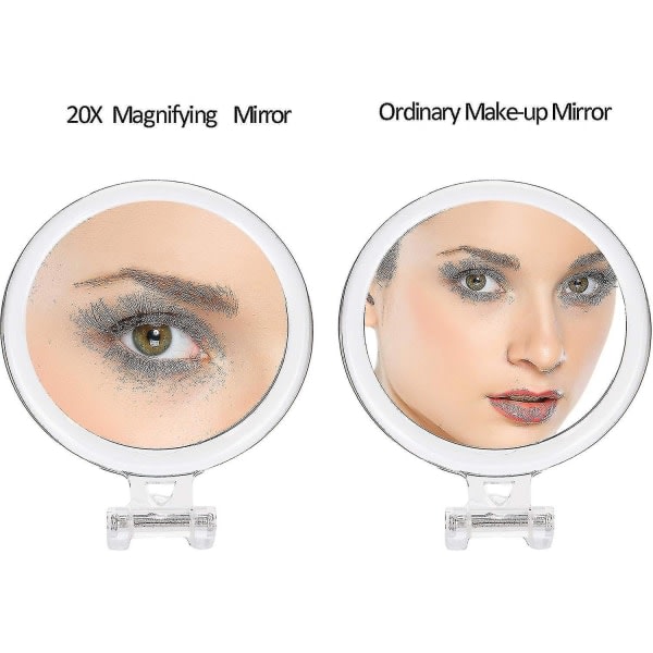 20x forstørrelsesspejl, dobbeltsidet spejl, 20x/1x forstørrelse, sammenfoldelig makeupspejl med