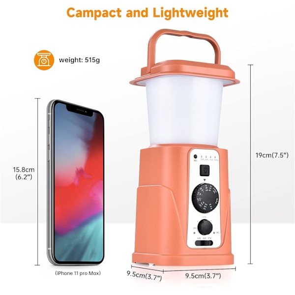 Solcelled Campinglys, UTEBIT Campinglanterne med håndsvinget solradio, 10000mAh Genopladelig