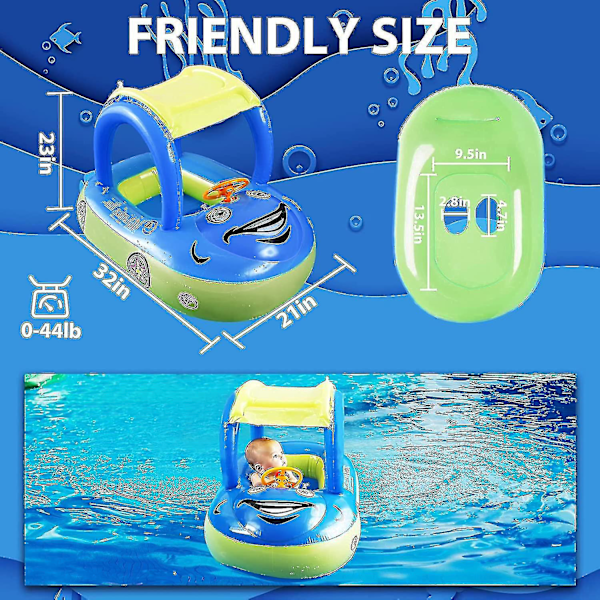 Uppblåsbar Baby Pool Float med Solskydd, Bilformad Badbåt för Spädbarn Småbarn Barn