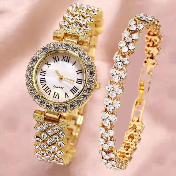 Luksusklokke for kvinner Stålarmbånd kjærlighetsbelte Rhinestone Quartz Watch Mote (gull)