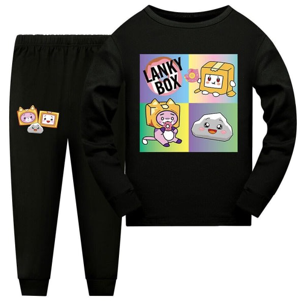 Lankybox Børne Pyjamas Outfits Drenge Piger Langærmet Pullover Bukser Nattøj Nattøj Pjs Loungewear Sort 9-10 År