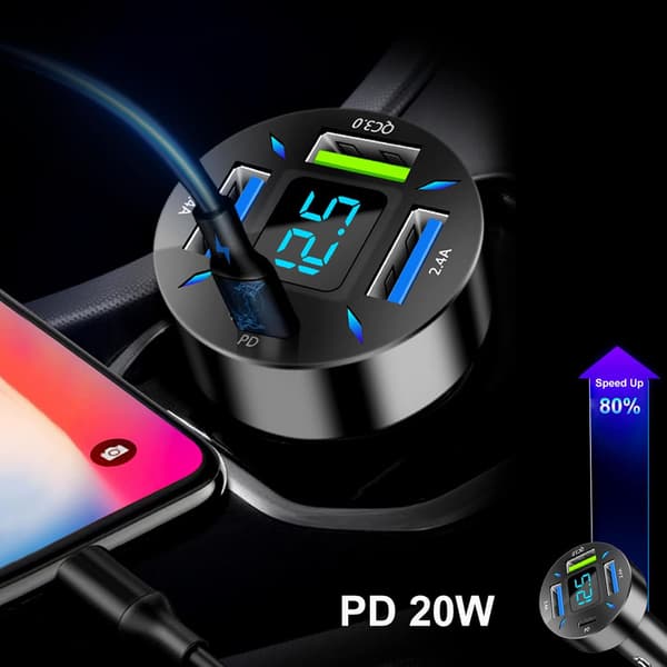 4-ports USB C Biloplader 50W PD 20W QC3.0 Hurtigoplader med LED Voltmeter til iPhone Android Samsung Galaxy Huawei Xiaomi Tablet og alle enheder