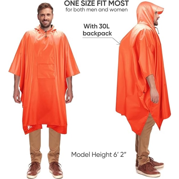 Regnponcho med huva för vuxna med ficka Orange