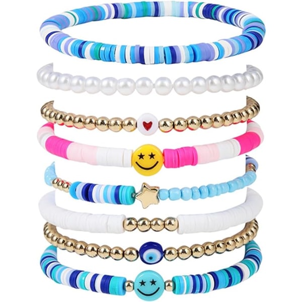 Surfer Armbåndssæt, Farverigt Hvidguld Smil Hjerte Stjerne Onde Øje Perle Polymer Ler Perle Stackable Charm Y2K Æstetisk Sommer Strand Smykker