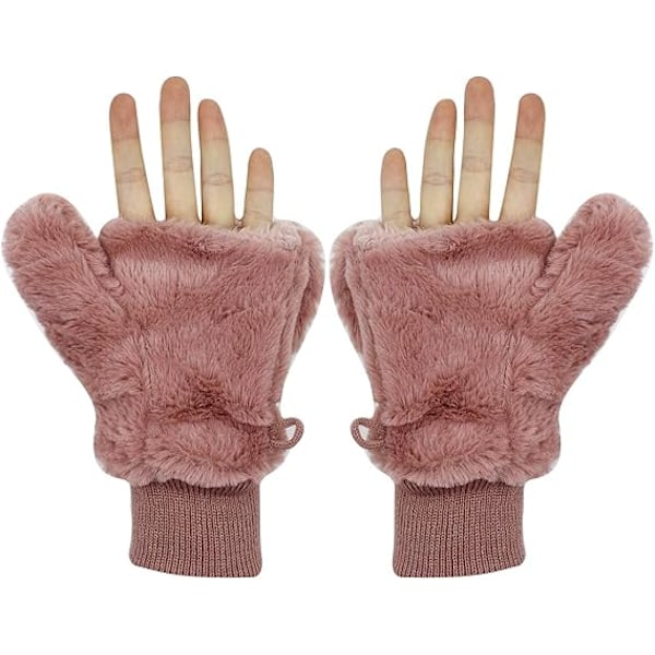 Vinterhansker for kvinner, myke og fluffy, vindtette fleece-hansker med varm vott-deksel for jenter pink