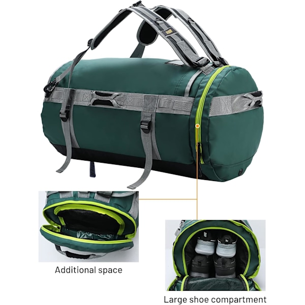 Suuri duffel-reppu urheilukassi kengätaskulla, kestävä ja vedenpitävä, vihreä, 90L Green