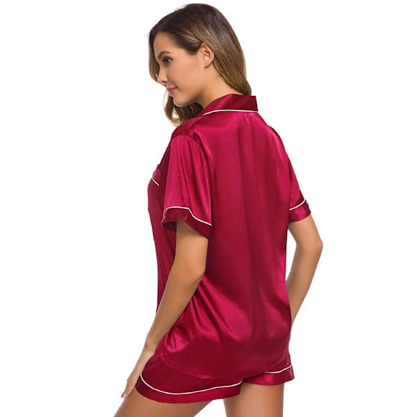 Dam Satin Pyjamas, Korta Dam Pyjamas med Knapp, V-ringning Red L