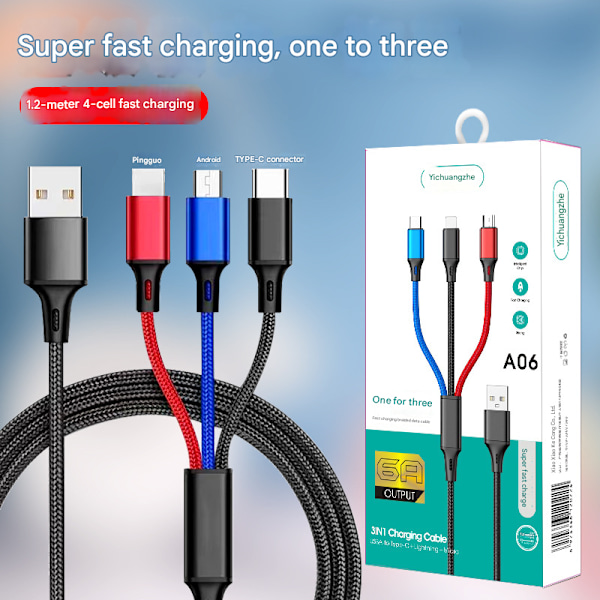 3-i-1 USB - Lightning, USB-C, microUSB Ladekabel (3A) 1,2m 80