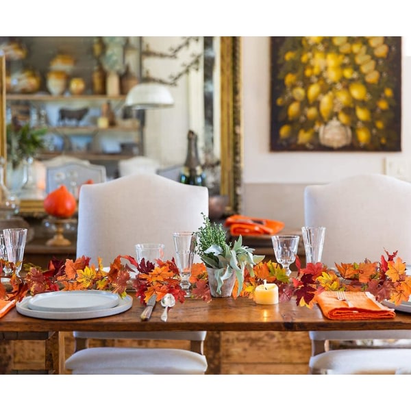 2-pack höstgirlang av lönnlöv, hängande girlang av konstgjorda höstlöv, girlang av lönnlöv för Thanksgiving-dekorationer för hemmet, bröllop, öppen spis, fest, jul