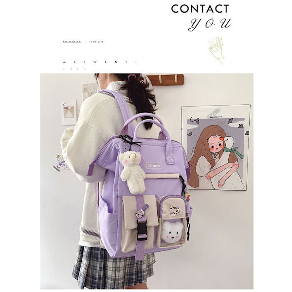 Kawaii reppu söpöillä pinsseillä ja söpöillä asusteilla, esteettinen reppu, söpö kawaii reppu kouluun