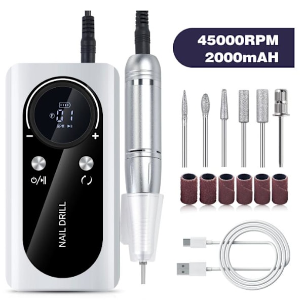 Laderbar elektrisk neglfil for akryl gel negl manikyr pedikyr sett neglesalonger White