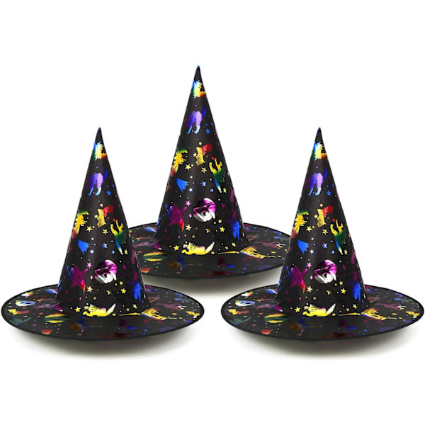 3x häxhatt för häxkostym, trollkarlshatt perfekt för karneval, Halloween-33 x 38 cm (färgglad häxhatt, hattmönster slumpmässigt)
