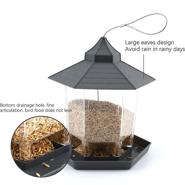 Fuglemater, vanntett hengende fuglematbeholder med tak og brett for utendørs hage uteplass Bakgård frømater (grå)