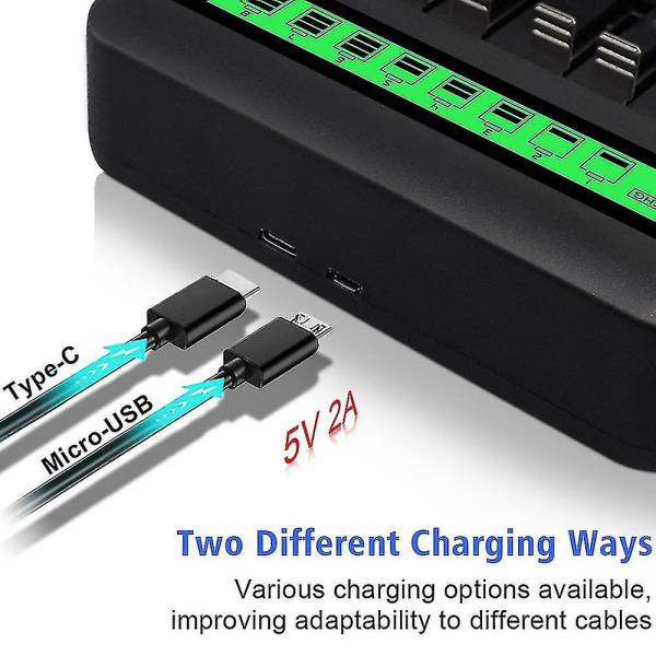 Lcd Universal Batterioplader - 8 Bay Aa /aaa /c /d Batterioplader til genopladelige batterier med 2a usb-port, Type C-indgang, hurtig Aa /aaa batteri Ch