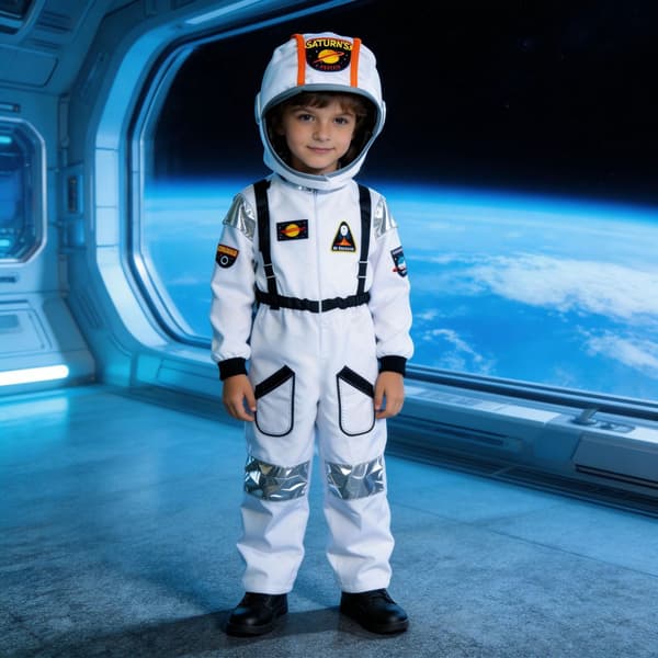Astronaut romdraktkostyme for barn til rollespill og utkledning bodysuit + backpack 110cm