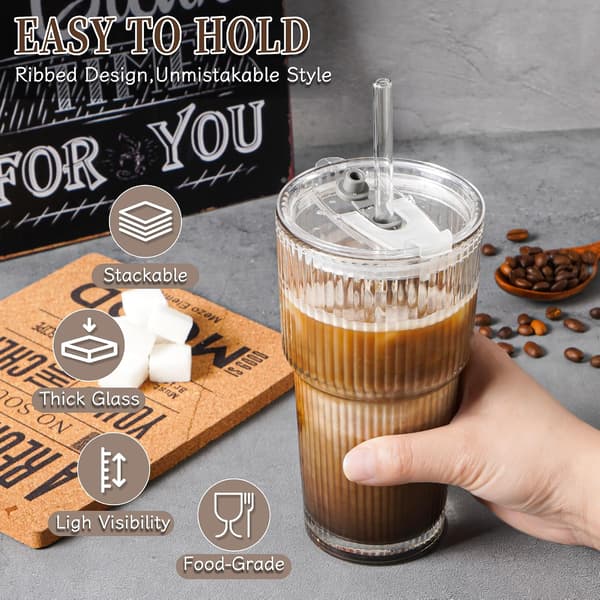4-pack 600 ml räfflade glas med lock och sugrör, tjockväggiga räfflade kaffeglas, lufttäta vattentäta smoothieglas, vackra dricksglas 4