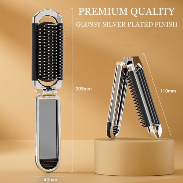 Hårborste, löshårborste med spegel Resor Mini liten paddelborste Vikbar hårkam för tjockt lockigt Tunt Långt Kort (Premium Silver)