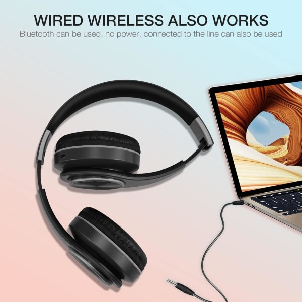 Trådløse Over-Ear hovedtelefoner, Trådløse Stereo Foldbare Hovedtelefoner Indbygget HD-mikrofon, FM, SD/TF, Deep Bass Letvægts Headset med ledning (sort)