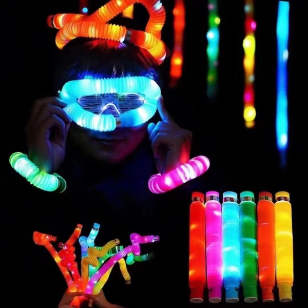 12 ST Mini Pop Tubes Sensoriska Leksaker, Lysande Pop Tube, LED Light Up