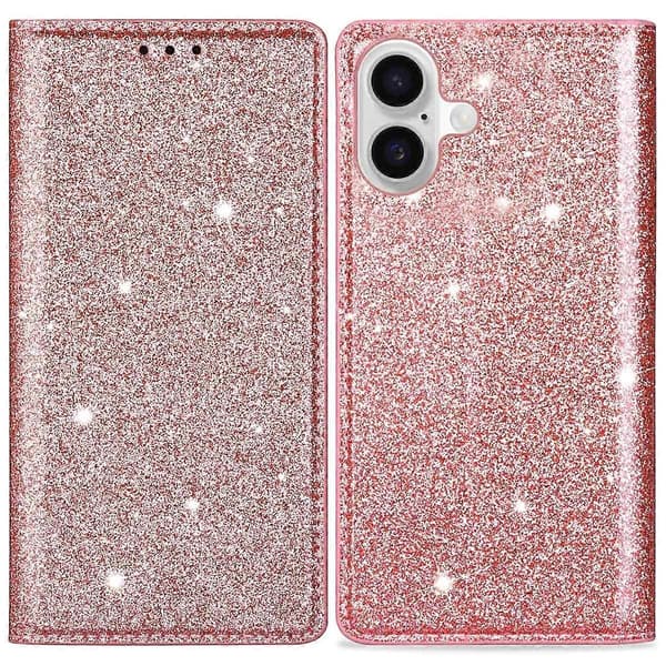 Glittery PU læder + TPU kortholder telefoncover til iPhone 16 Plus - Grå Multicolor Rose Gold