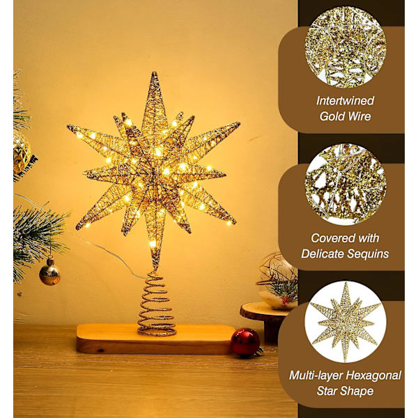 60 LED-lys Metallisk Stjerne Topp for Juletre Batteridrevet Moravisk Stjerne 3D Stjerne Tre Topp Julepynt med 6H Timer, 13.78 tommer/
