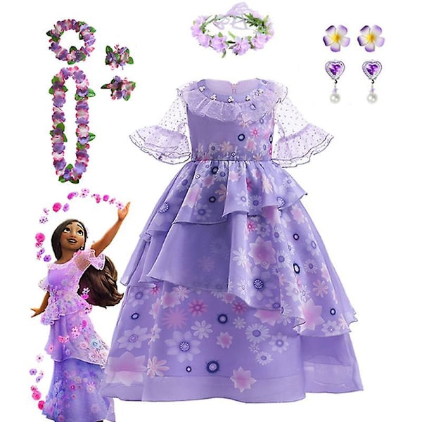 Disney Mirabel Isabela Kostym för Flickor Prinsessklänning Kostym Cosplay Encanto Karneval Födelsedagsfest Krans Kläder Väska Charm Röd Ed 5-6T (120)