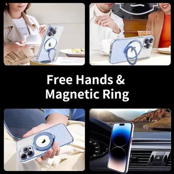 Etui til iPhone 16 Pro med magnetisk støtte + 2 hærdede glas - Ridsefast silikonebeskyttelse med glitrende effekt Blå