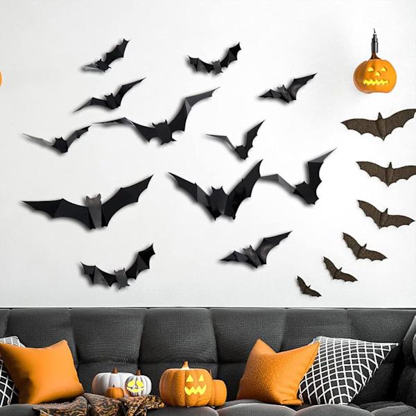 3D flaggermus Halloween-dekorasjoner 12 stk 4 forskjellige størrelser vanntett PVC skumle svart avtakbar flaggermus DIY dekorasjonssett