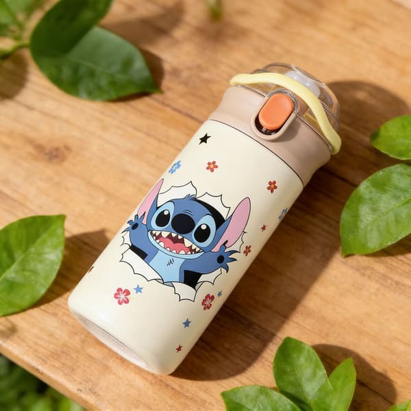 Stitch tecknad isolerad mugg, 316 vakuumvattenflaska i rostfritt stål med pop-up-lock och sugrör Black 600ML