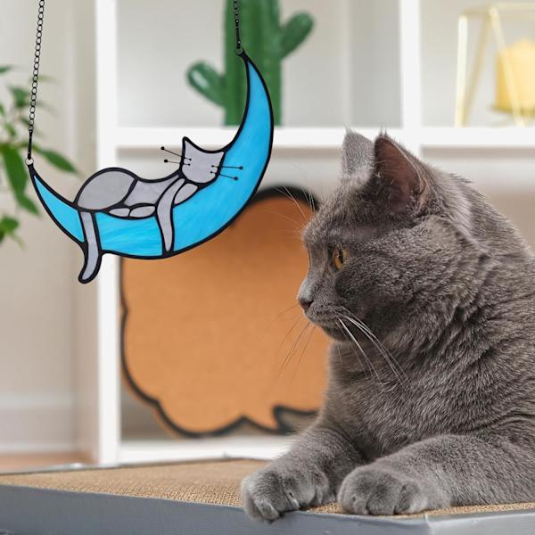 Färgat Glas Katt på Månen Presenter, Grå Katt Dekoration, Katt Solfångare Dekoration för Kattälskare, Katt Färgat Glas Fönsterhängande Minnesgåva Katt (Grå) Grey
