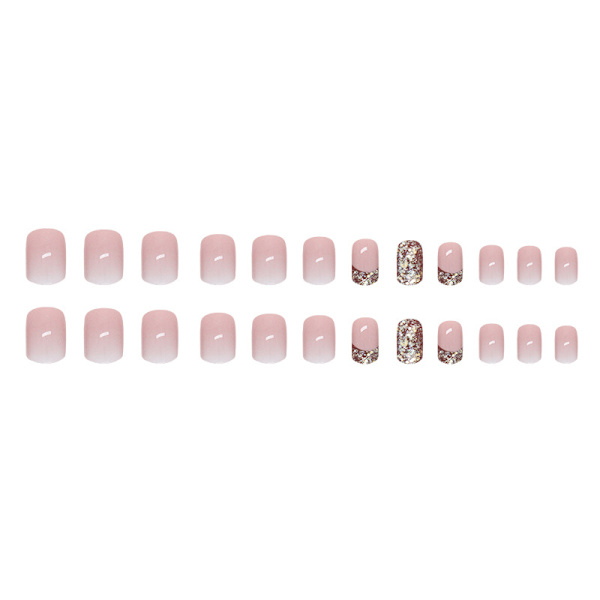24 stk. Tryk på negle korte firkantede franske spids falske negle pink gradient med sølv glitter design akryl fuld dækning lim på falske negle