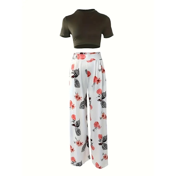Boho Sommar Tvådelat Set, Kortärmad T-shirt & Högmidjad Blommig Print Bred
