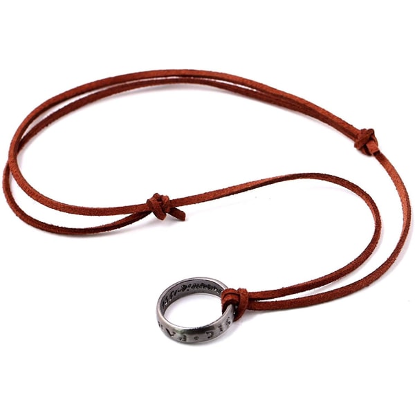 Indgraveret ring vedhæng halskæde med justerbar brun læderkæde (unisex)