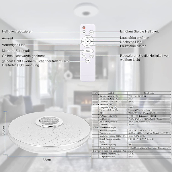 36w LED-taklampe dimbar med Bluetooth-høyttaler, LED-taklampe med fjernkontroll eller app-